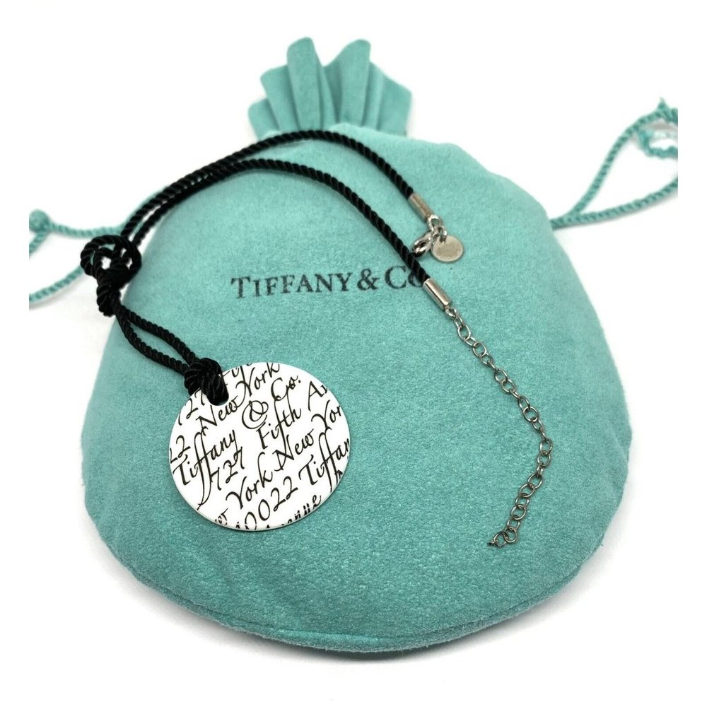 Tiffany & Co White Bone Script New York Fifth Ave Round  Silk Cord 16" Necklace